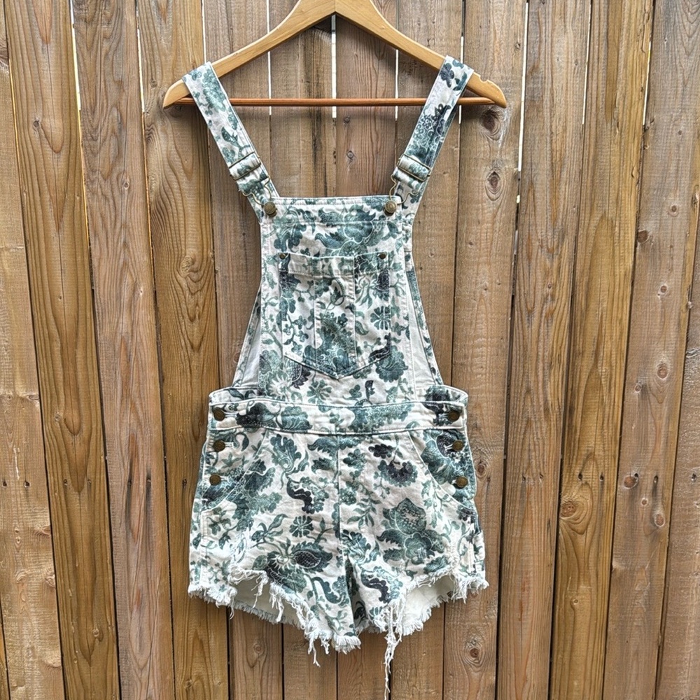 Floral Green Short Denim Overalls